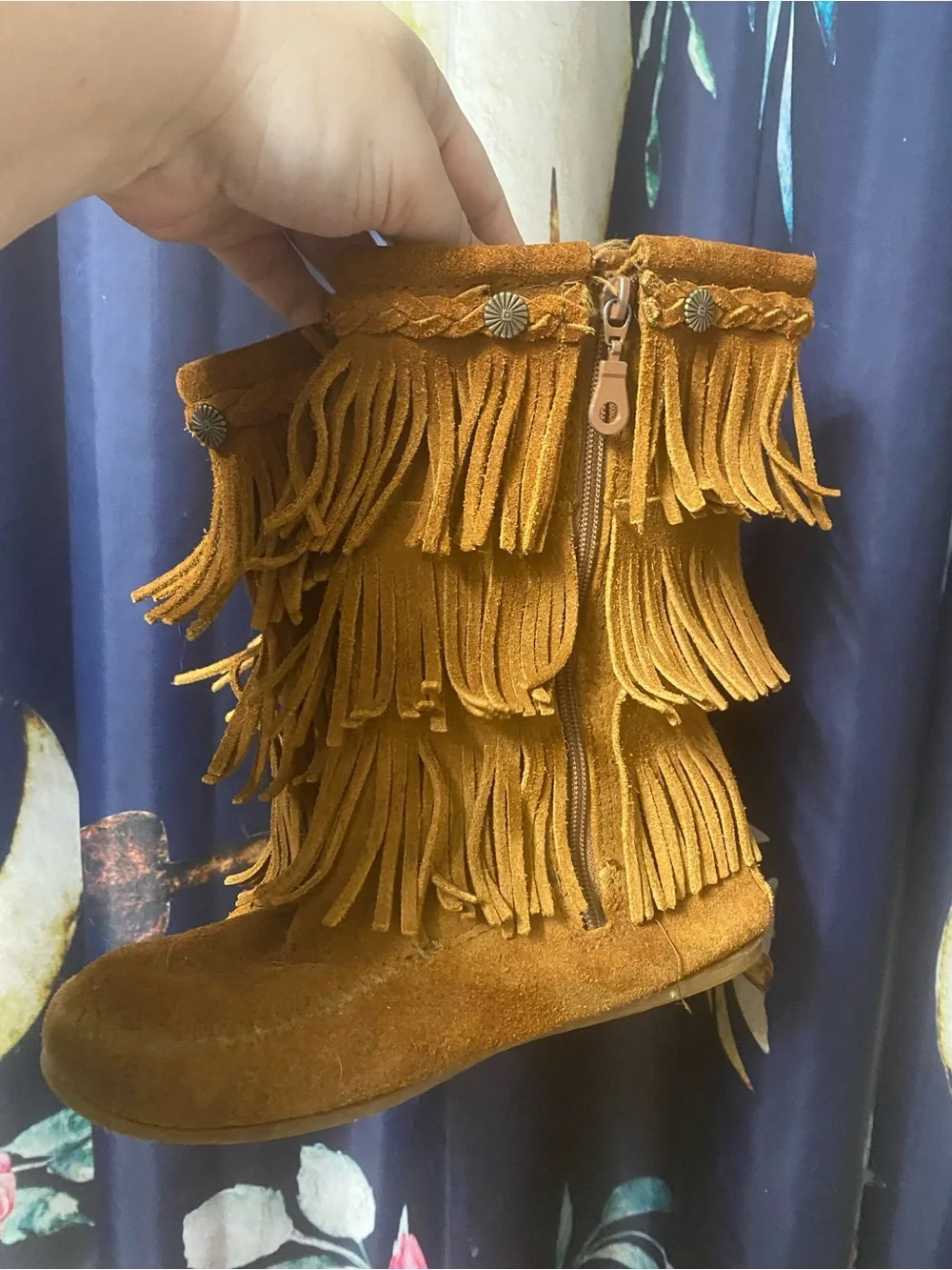 Minnetonka Girls Triple Fringe Moccasin Boot - Brown